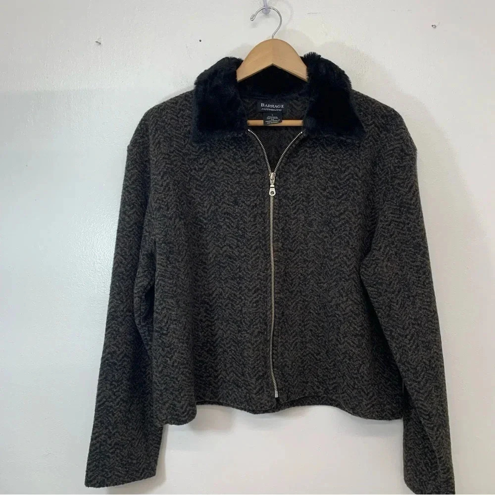 BarrageFleece  Jacket Woman Large Faux Fur Collar Full Zip‎ Brown Herringbone